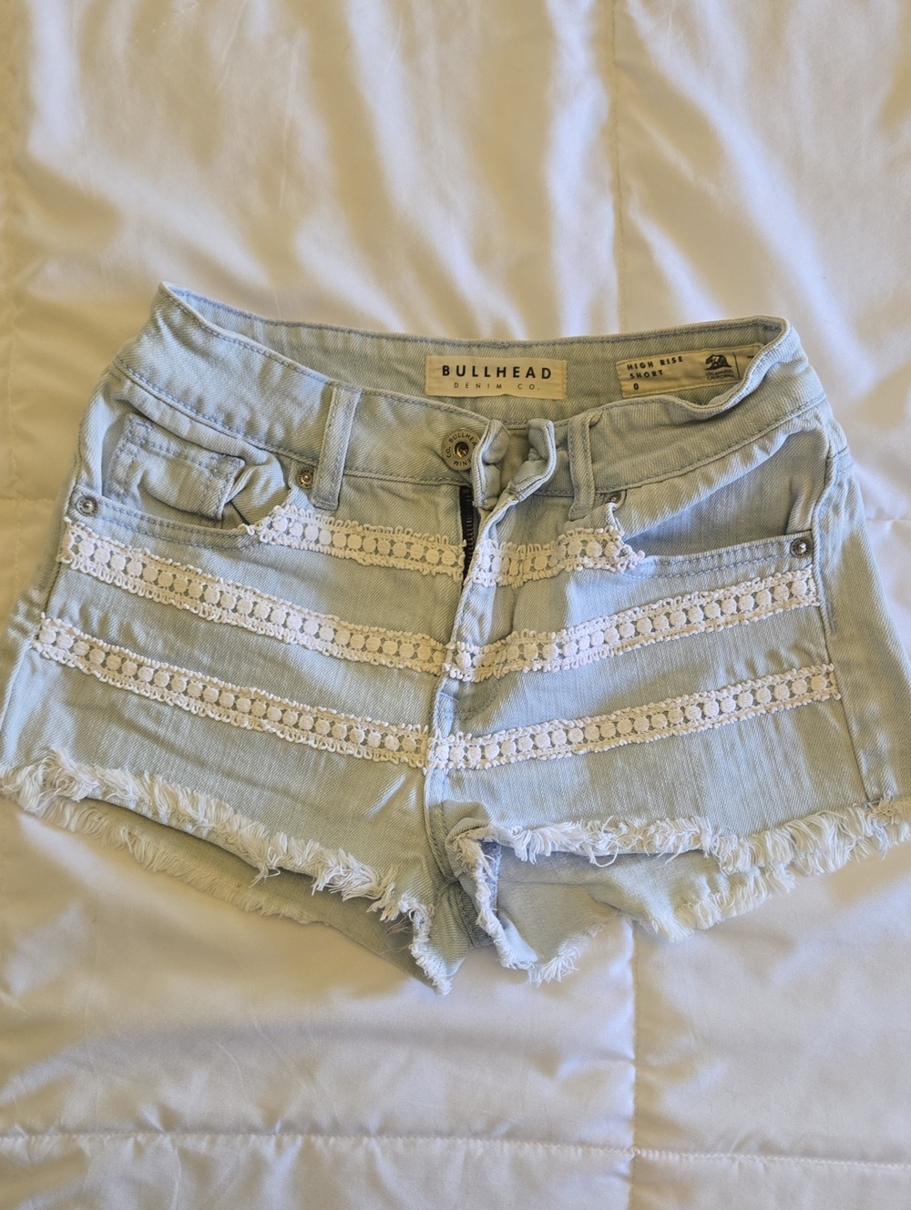 Bullhead Pale Blue Denim Shorts with White Crochet Stripes